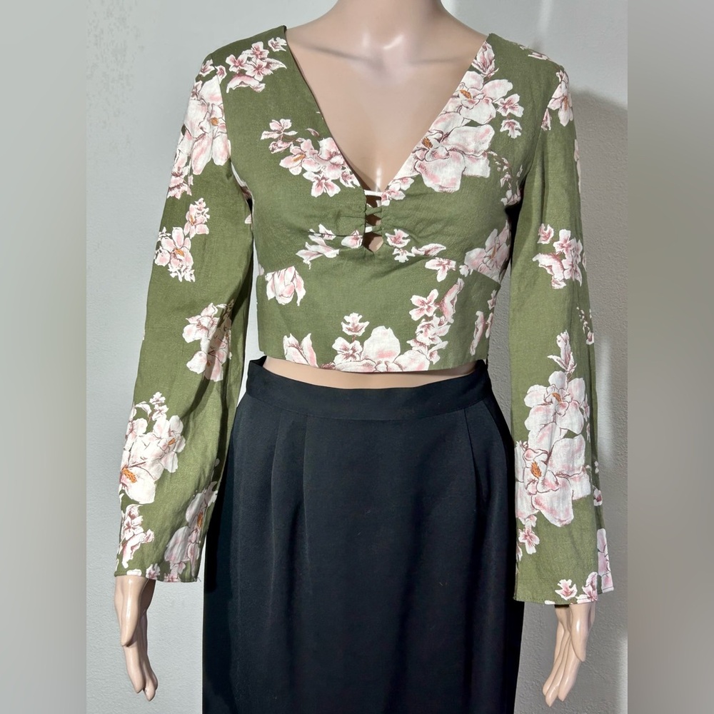 Zara Linen Blend Long Sleeve Crop Top NWOT sz XS